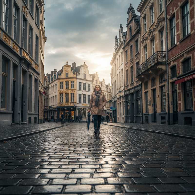 Een sfeervolle straatfoto in Brussel toont natte, reflecterende kasseien en een voorbijganger die een paraplu vasthoudt. Zonnestralen breken door een bewolkte hemel en verlichten traditionele Brusselse architectuur, wat de wisselvalligheid van het weer en de veerkracht van de bewoners symboliseert.