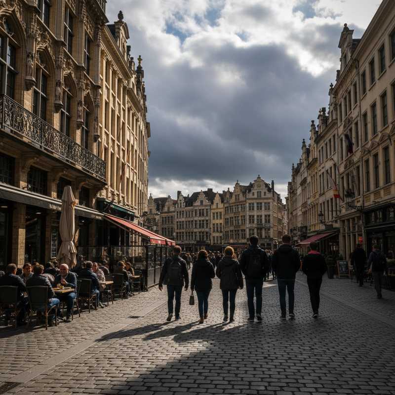 Een dynamische stadsfoto van Brussel. Zonnestralen vallen op geplaveide straten en historische gebouwen. Mensen genieten op terrassen, sommigen met een opgevouwen paraplu. In de verte zijn donkere wolken zichtbaar, wat duidt op wisselvallig weer. De foto vangt de mix van zon en dreigende regen in de stad.