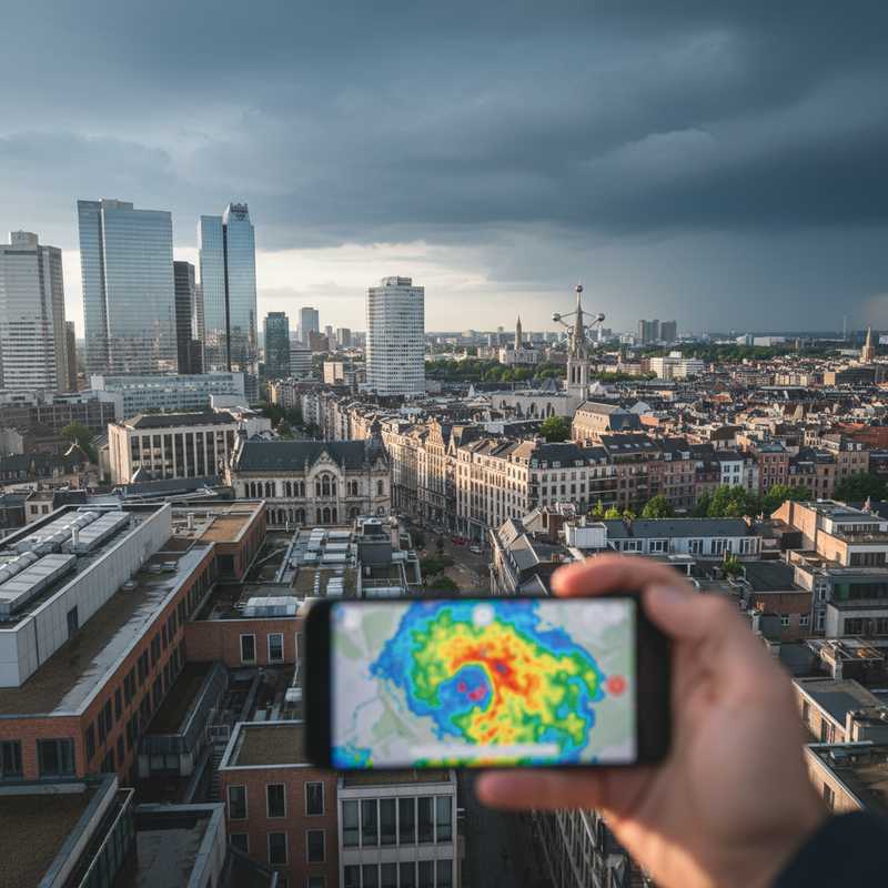 Een dynamische foto van de Brusselse skyline onder een bewolkte, dreigende hemel. Op de voorgrond is, subtiel, een hand te zien die een smartphone vasthoudt met een gevisualiseerde regenradarkaart. Het beeld symboliseert de interactie tussen de stedelijke omgeving, het weer en geavanceerde technologie.