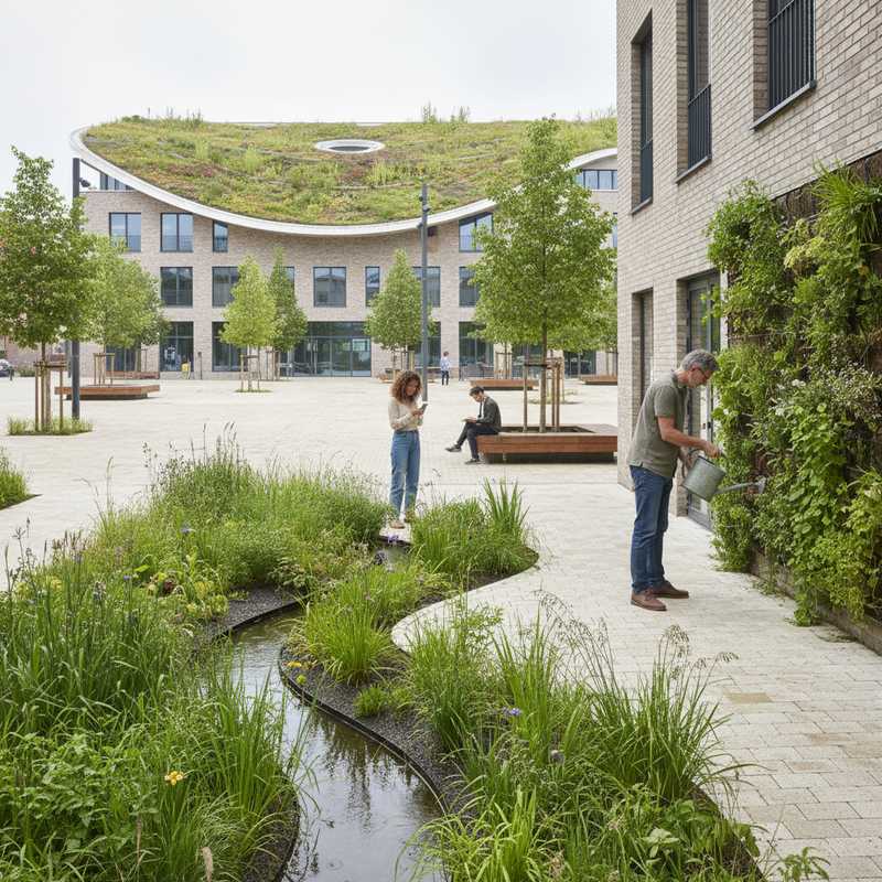 Een rustige, groene stadsscène in Brussel na regen. Een wadi met planten op de voorgrond, enkele bewoners flaneren langs geveltuinen en groene gebouwen, symboliserend stedelijke veerkracht en waterbeheer.
