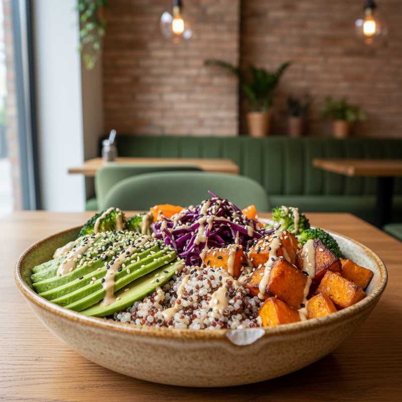 Een close-up foto van een rijkgevulde, kleurrijke vegan buddha bowl met quinoa, avocado, geroosterde zoete aardappel, rode kool en broccoli, gepresenteerd in een keramische kom op een lichte houten tafel. De achtergrond is onscherp en suggereert een gezellige eetomgeving.