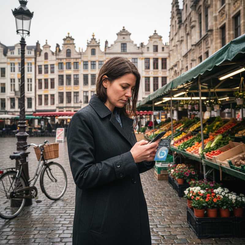 Een vrouw kijkt op een smartphone naar een weer-app op een licht natte kasseienstraat in Brussel, met de historische architectuur van de stad op de achtergrond. Een fiets staat geparkeerd in de buurt.