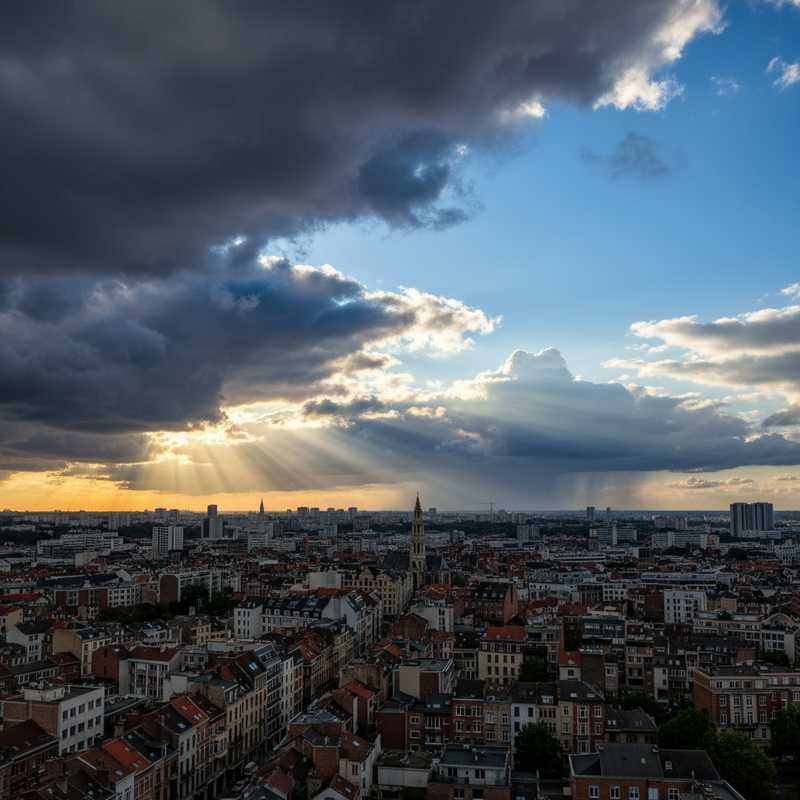 Een dynamisch luchtbeeld boven Brussel, met zowel zonnestralen als dreigende wolken, wat de uitdaging van weersvoorspelling in de stad symboliseert.
