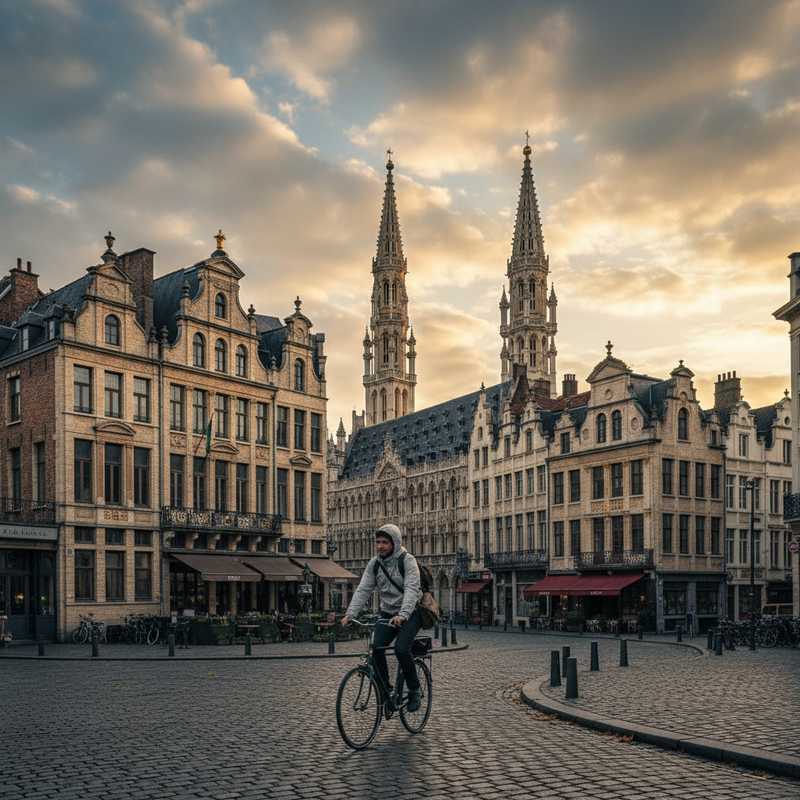 Een fotografisch beeld van een Brusselse straat, met de zon die door de wolken breekt en een persoon die stevig doorloopt, wat de flexibiliteit van de Brusselaar in wisselvallig weer symboliseert.