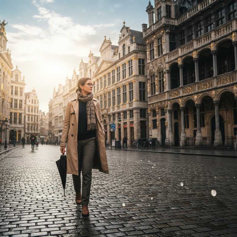 Een persoon loopt over een geplaveide straat in Brussel, gekleed in laagjes en met een paraplu in de hand, wat duidt op voorbereiding op wisselvallig weer. Historische gebouwen vormen de achtergrond.