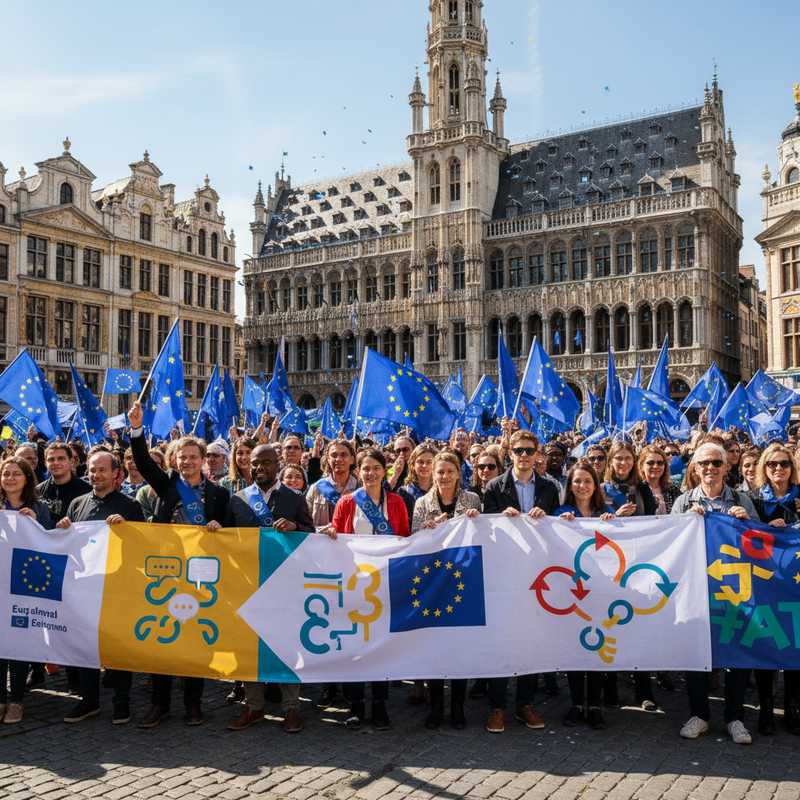 Diverse groep burgers op de Brusselse Grote Markt met participatiebanieren en Europese vlaggen