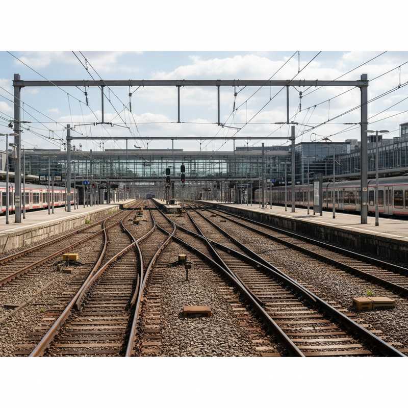 Meerdere spoorlijnen die samenkomen bij station Brussel-Noord, met bovenleidingen en moderne spoorinfrastructuur