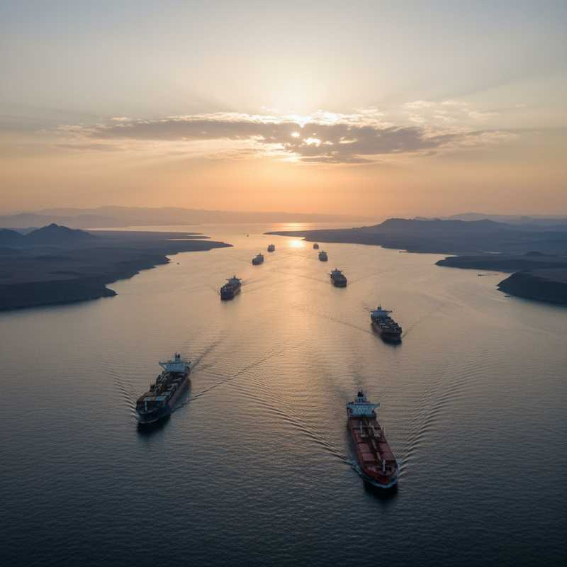 Cargo ships passing through the Strait of Hormuz with calm waters and coastal mountains in background