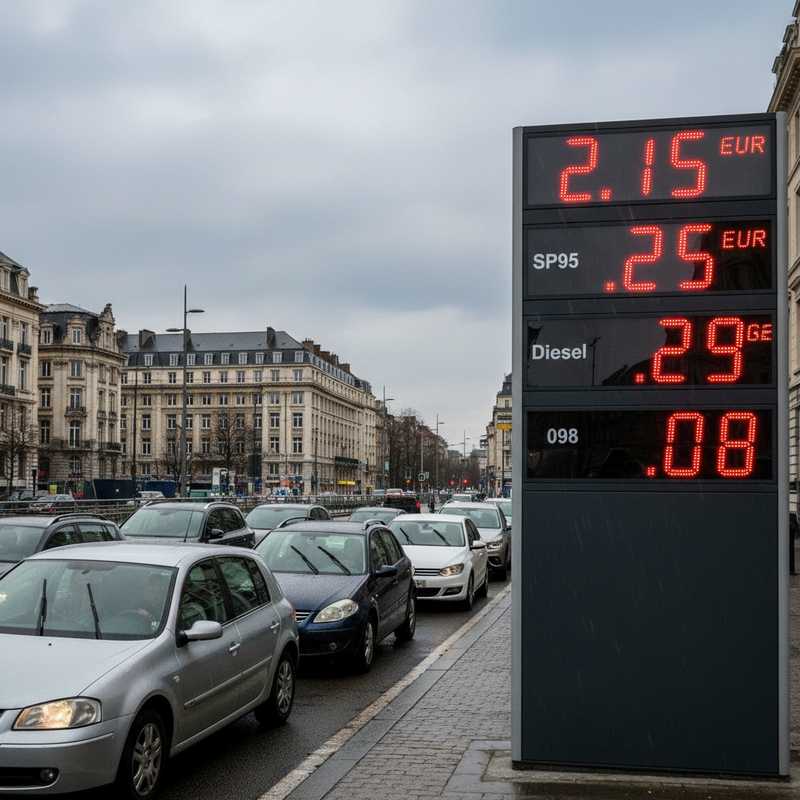 Tankstation in Brussel met hoge brandstofprijzen op display en wachtende auto's