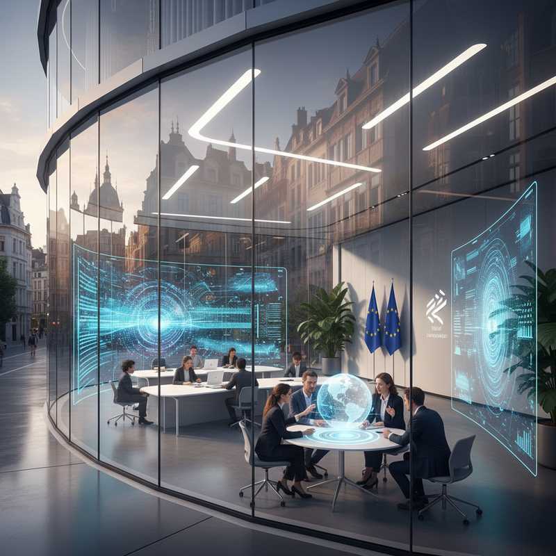 Modern technologie-innovatiecentrum in Brussel met digitale AI-displays en professionals aan het werk
