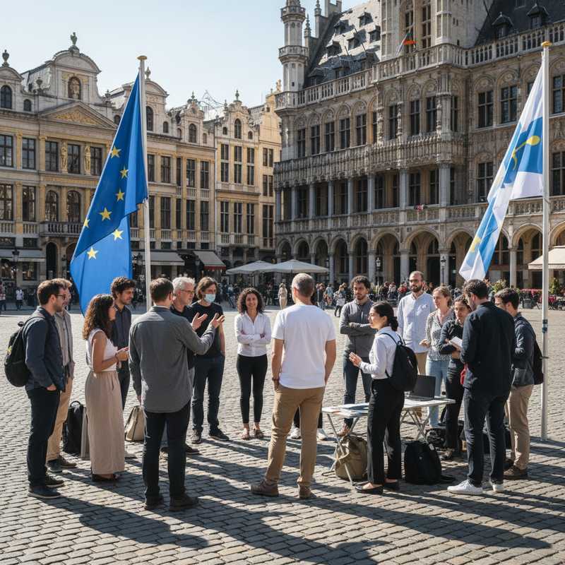Groep burgers in gesprek op de Brusselse Grote Markt met Europese en Brusselse vlaggen op de achtergrond