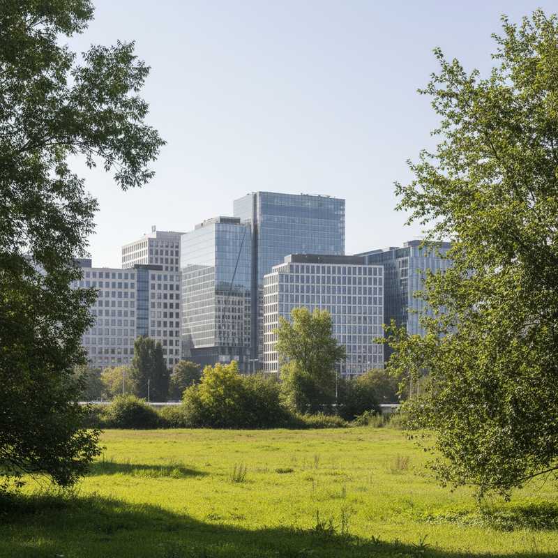 Groen onbebouwd terrein met bomen en gras in Brussel met moderne gebouwen op de achtergrond