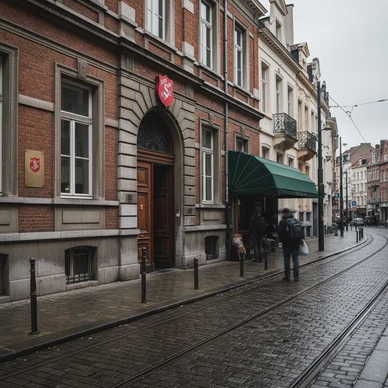 Gevel van een Leger des Heils opvangcentrum voor daklozen in Brussel met het logo van de organisatie zichtbaar