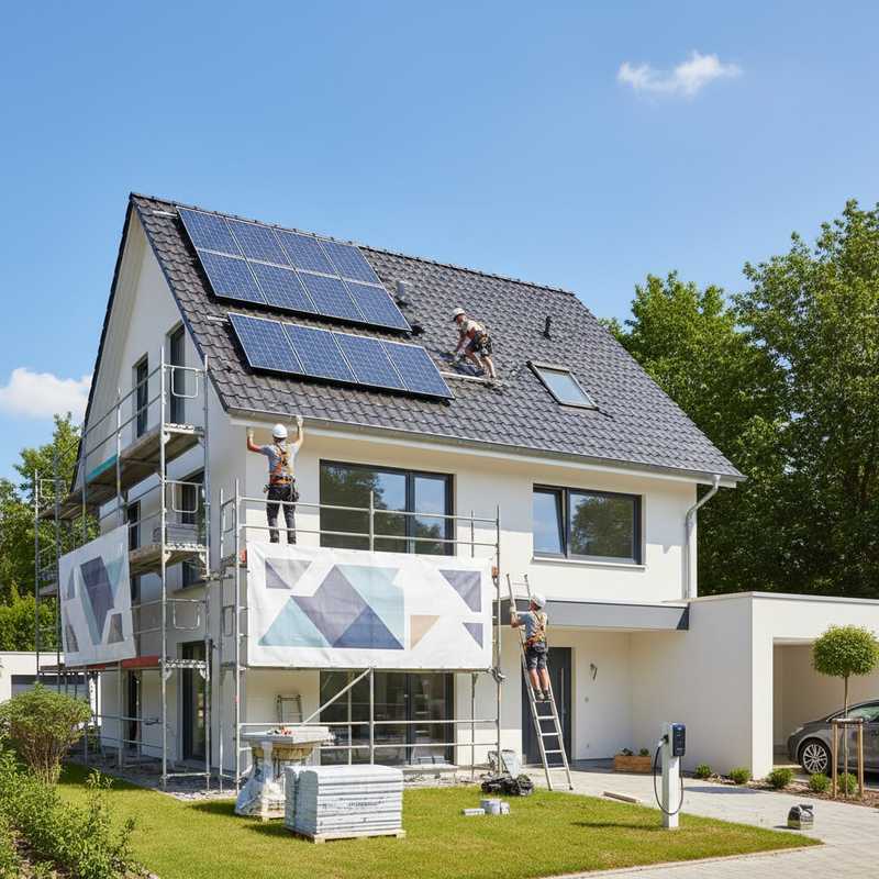 Werknemers installeren zonnepanelen op het dak van een Europees huis als onderdeel van energieverduurzaming