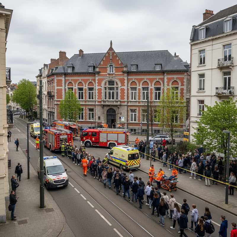 Brandweerwagens en ambulances voor schoolgebouw in Elsene tijdens evacuatie wegens koolmonoxidevergiftiging