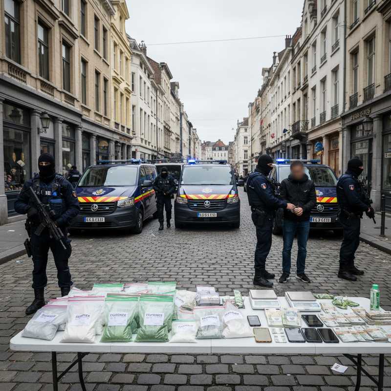 Belgische politieagenten tijdens grootschalige anti-drugsoperatie in Brussel met inbeslaggenomen bewijsmateriaal