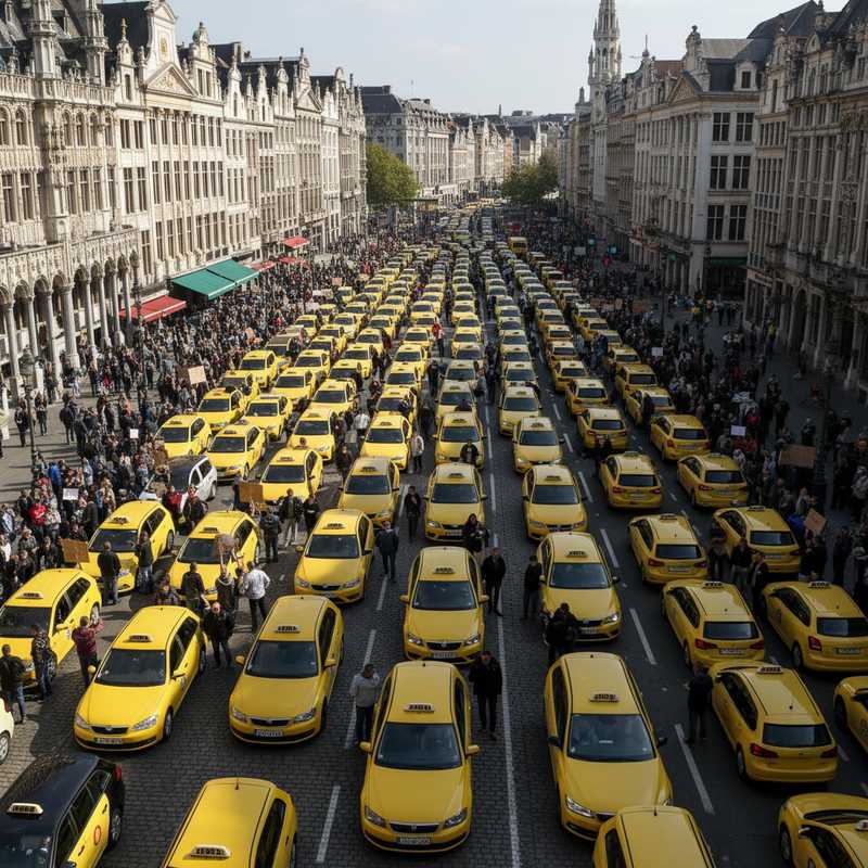 Honderden taxi's blokkeren straat in centrum Brussel tijdens protest over brandstofprijzen