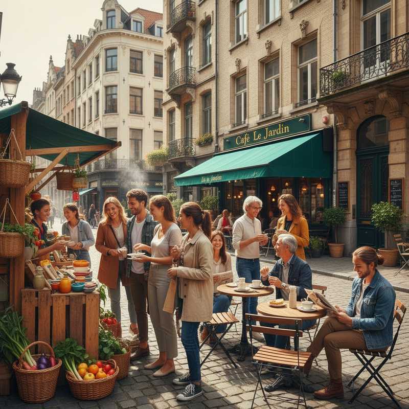 Een fotografie van een drukke straat in Brussel met historische architectuur. Mensen bekijken ambachtelijke producten op een marktstal, terwijl anderen genieten van een café met terras. Het geheel straalt een gezellige, culturele en duurzame winkelervaring uit.