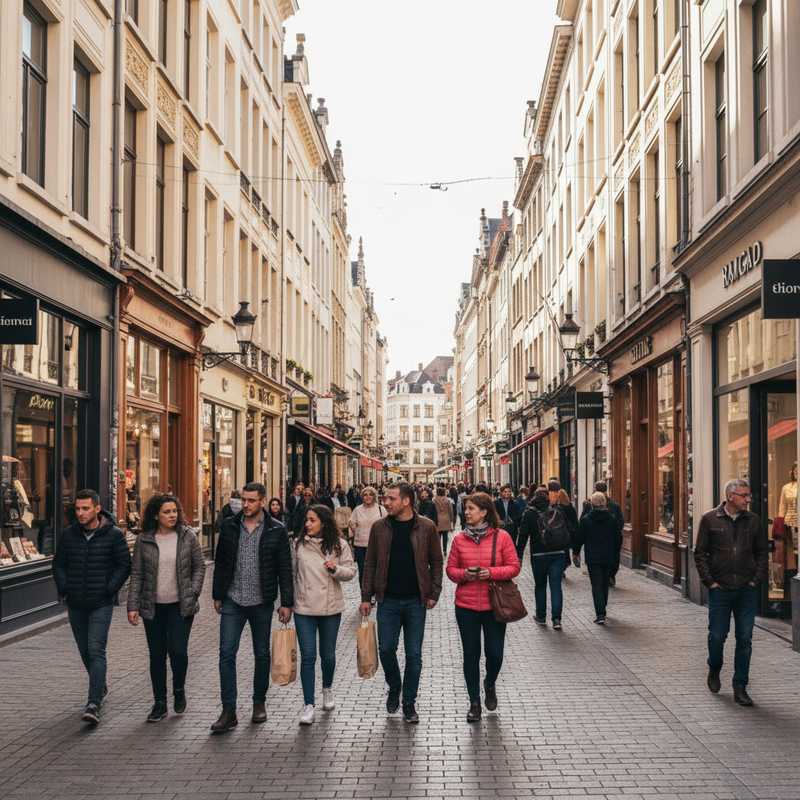 Een levendige foto van een Brusselse winkelstraat op zondag, met mensen die slenteren tussen open winkels en karakteristieke gebouwen.