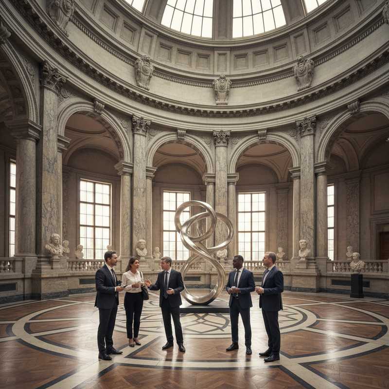 Een ruime museumzaal in Brussel met hoge plafonds en klassieke pilaren, waar een groepje mensen aandachtig kijkt naar een kunstwerk. Het toont de serene en inspirerende sfeer van de Brusselse culturele instellingen.