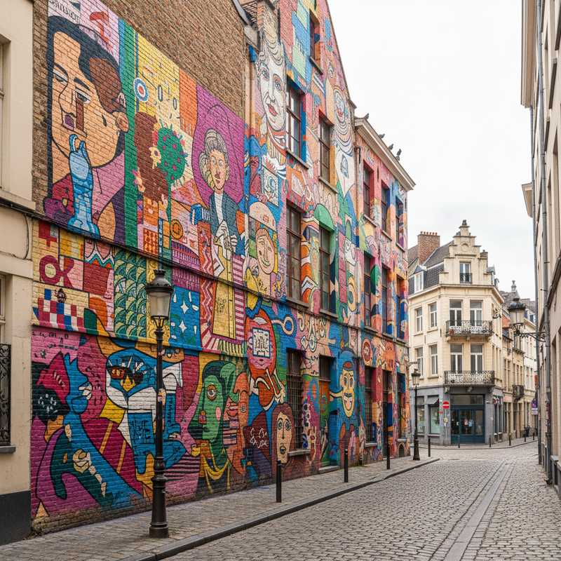 Levendige en gedetailleerde muurschildering op een gevel van een gebouw in de Marollen, Brussel, met een smalle straat en typische Brusselse architectuur.