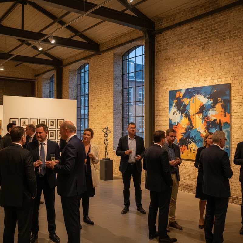 Fotografie van een levendige kunstexpositie in een gerenoveerd gebouw in Brussel, met kunstliefhebbers en professionals die met elkaar in gesprek zijn, omringd door diverse moderne kunstwerken.