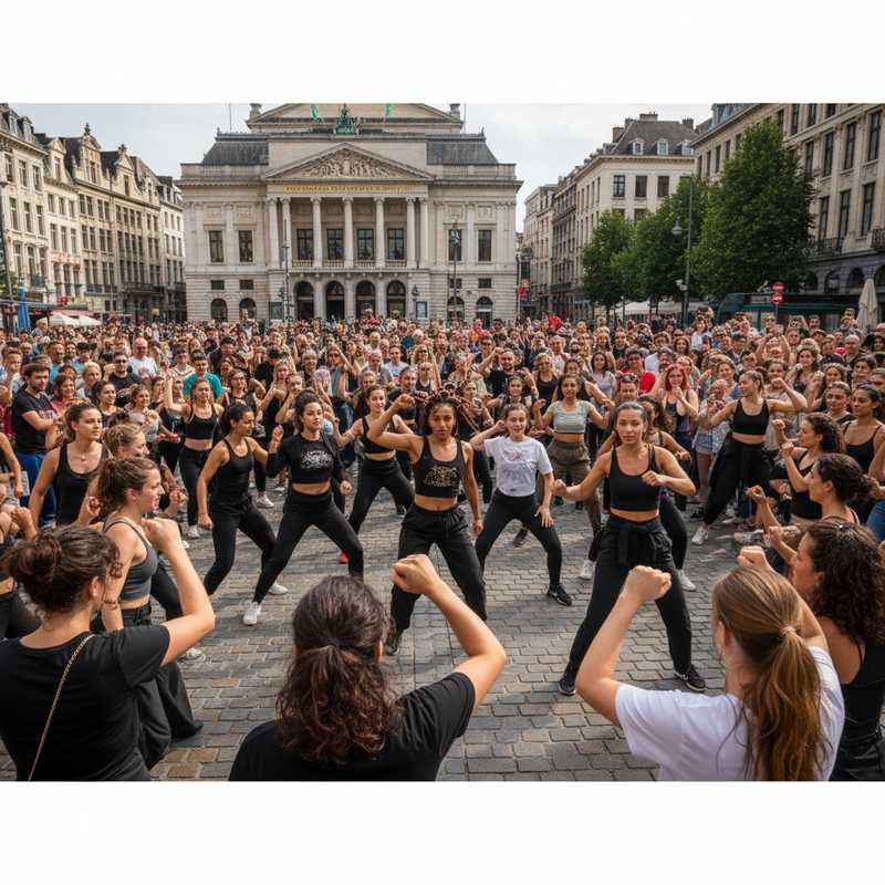 Groep mensen voert flashmob dans uit tegen seksueel geweld op het Muntplein in Brussel