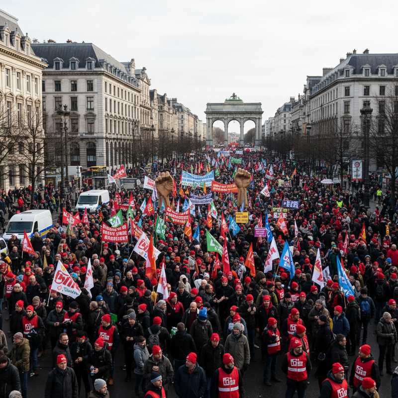 Grote menigte vakbondsbetogers marcheert door straten van Brussel met spandoeken en vlaggen tijdens nationale actiedag