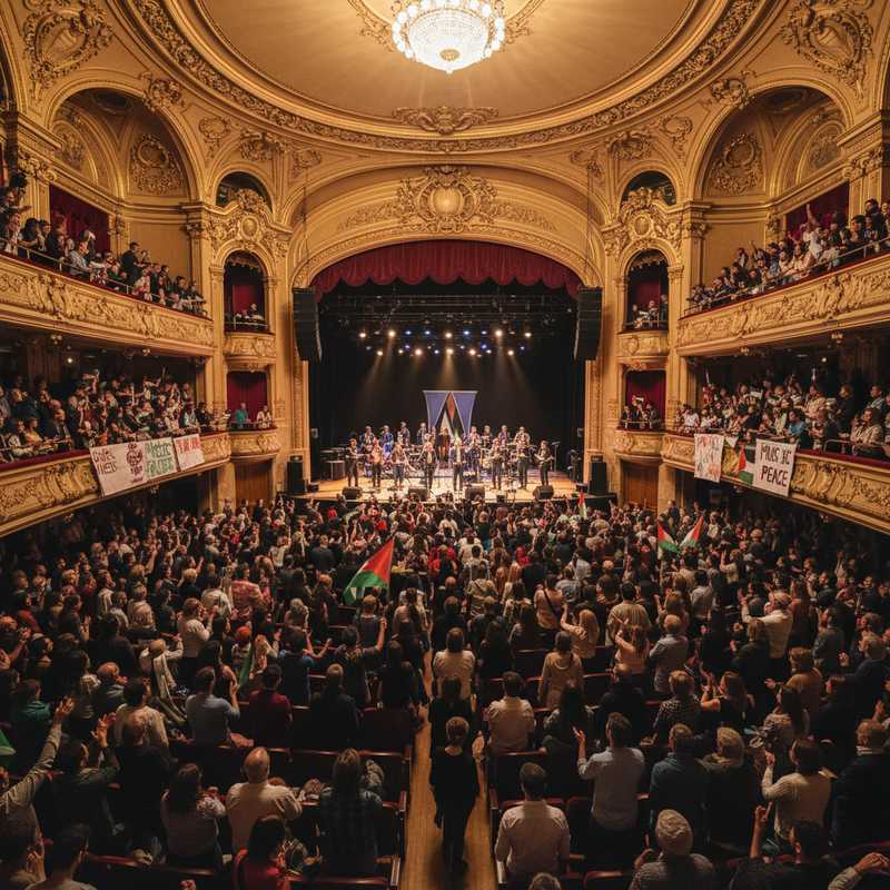 Volle concertzaal in Brussel tijdens alternatief Eurovisie protestconcert met publiek en Palestijnse vlaggen