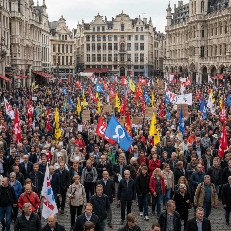 Grote menigte demonstranten met vakbondsvlaggen en spandoeken marcheert door het centrum van Brussel tijdens nationale betoging
