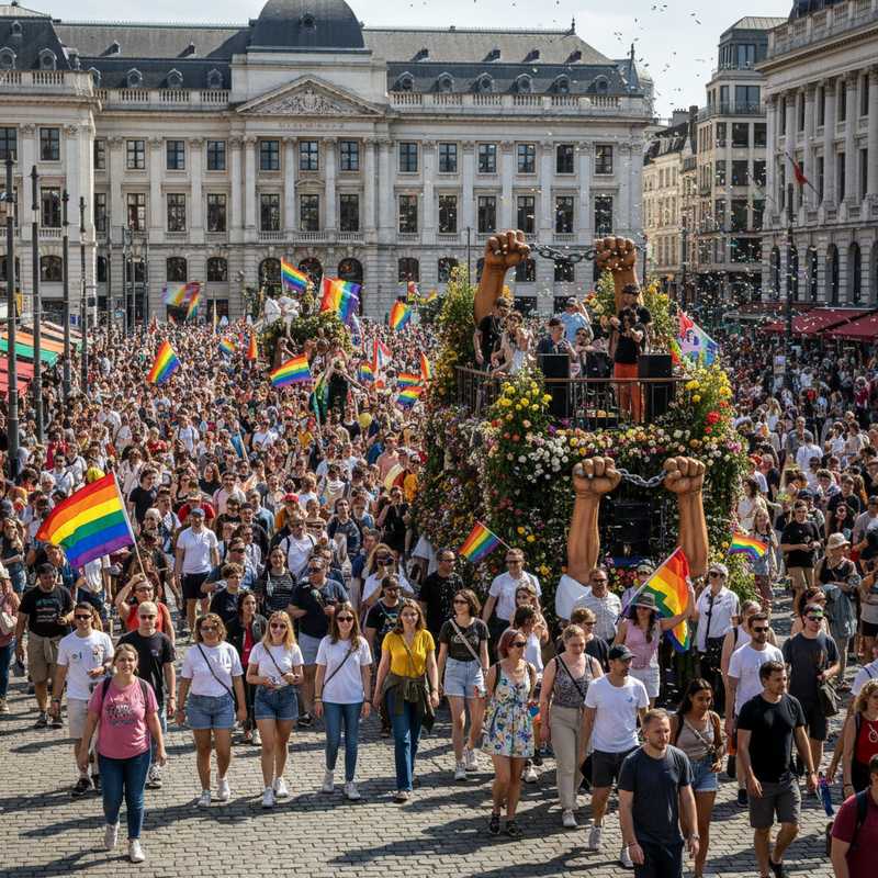 Kleurrijke Pride-parade met regenboogvlaggen en praalwagens trekt door Brusselse straten met historische gebouwen op de achtergrond