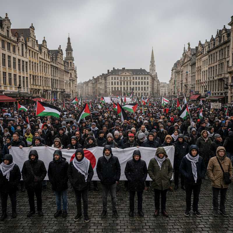 Grote groep demonstranten met Palestijnse vlaggen tijdens betoging in Brussel