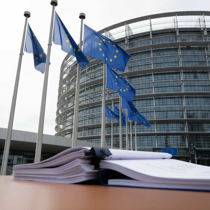 Europees Parlement gebouw in Brussel met EU vlaggen en diplomatieke documenten