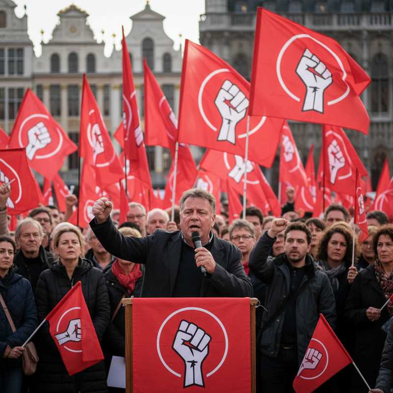 Ahmed Laaouej speaking at podium during May 1st rally in Brussels with PS party flags and crowd in background
