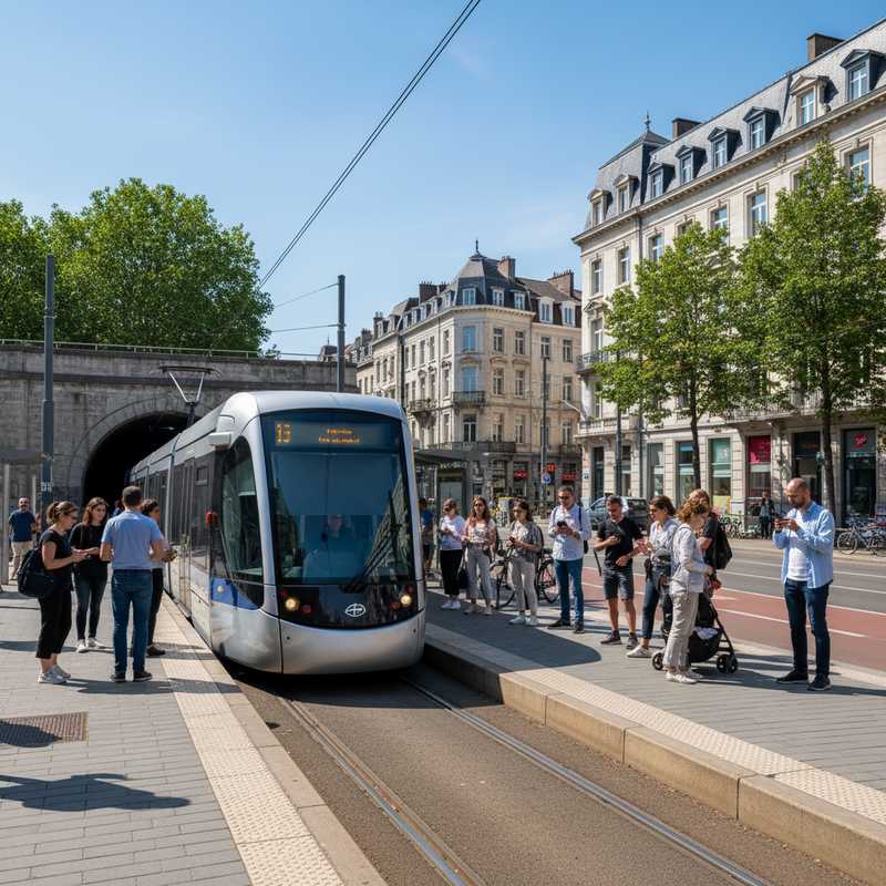 Brusselse premetro-tram die uit ondergrondse tunnel komt met wachtende passagiers op perron