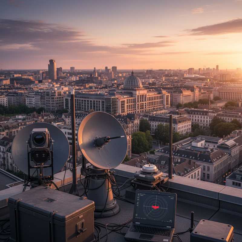 Antidrone-apparatuur op dak met zicht op Europese wijk Brussel