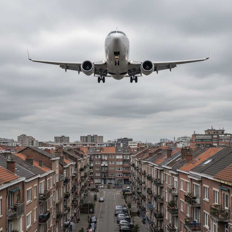 Vliegtuig vliegt laag over dichtbevolkte woonwijk in Brussel met appartementsgebouwen