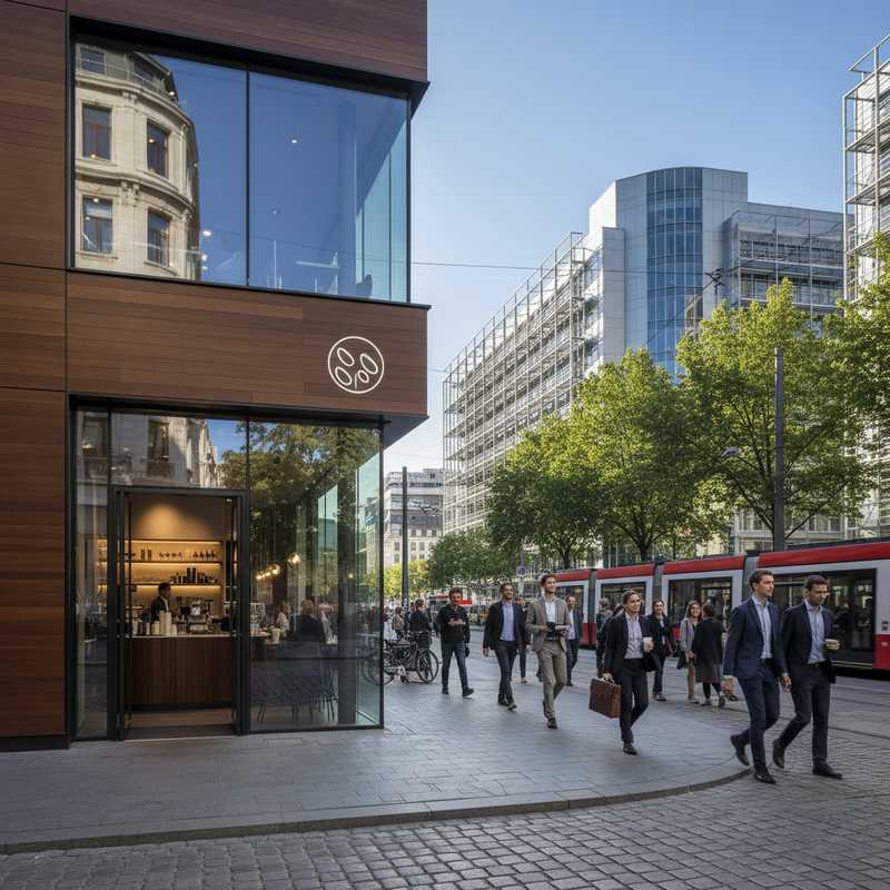 Moderne koffiebar Cotti Coffee in de Europese wijk van Brussel met Europese Commissie gebouwen op de achtergrond