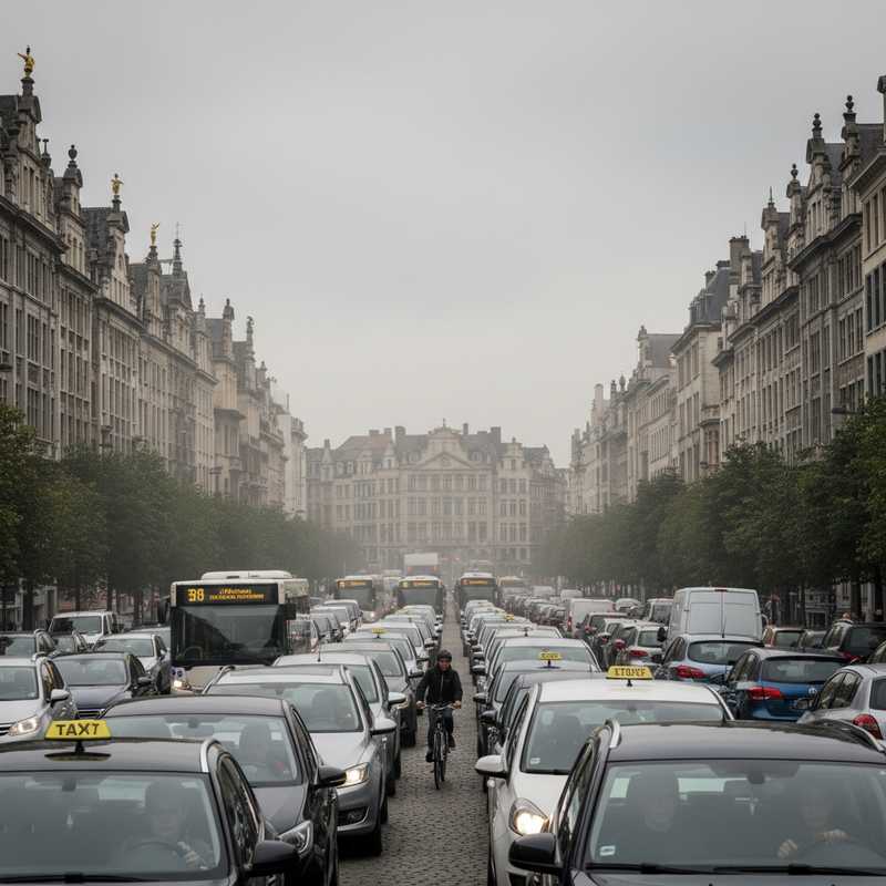 Druk autoverkeer en files op een hoofdweg in het centrum van Brussel met historische gebouwen op de achtergrond