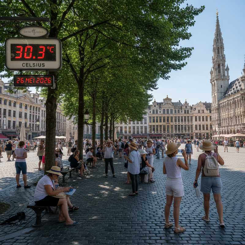 Mensen zoeken schaduw onder bomen op een zonnig stadsplein in Brussel bij 30 graden Celsius