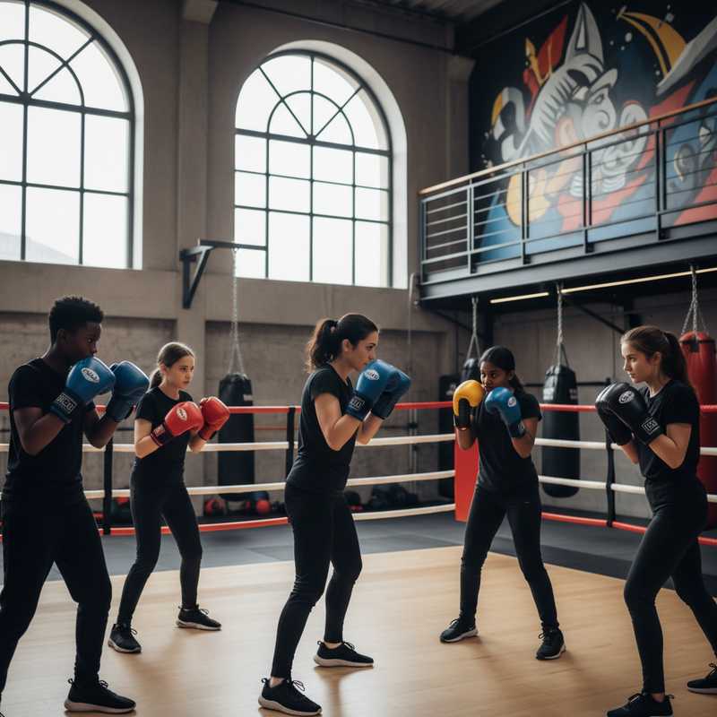 Groep diverse jongeren met bokshandschoenen tijdens trainingssessie in sporthal
