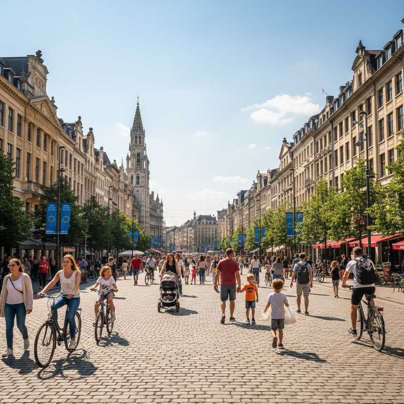 Brusselse avenue vol fietsers en wandelaars tijdens autoloze zondag met karakteristieke gebouwen op de achtergrond