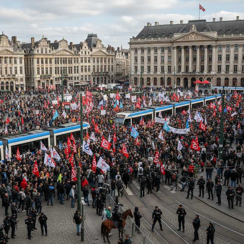 Grote vakbondsbetoging in het Brusselse stadscentrum met menigte betogers en verstoord openbaar vervoer
