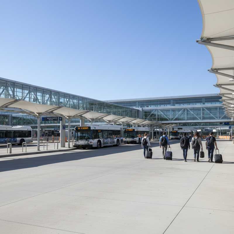 Tijdelijk busstation Brussels Airport met overdekte loopbrug naar terminal en meerdere busperrons