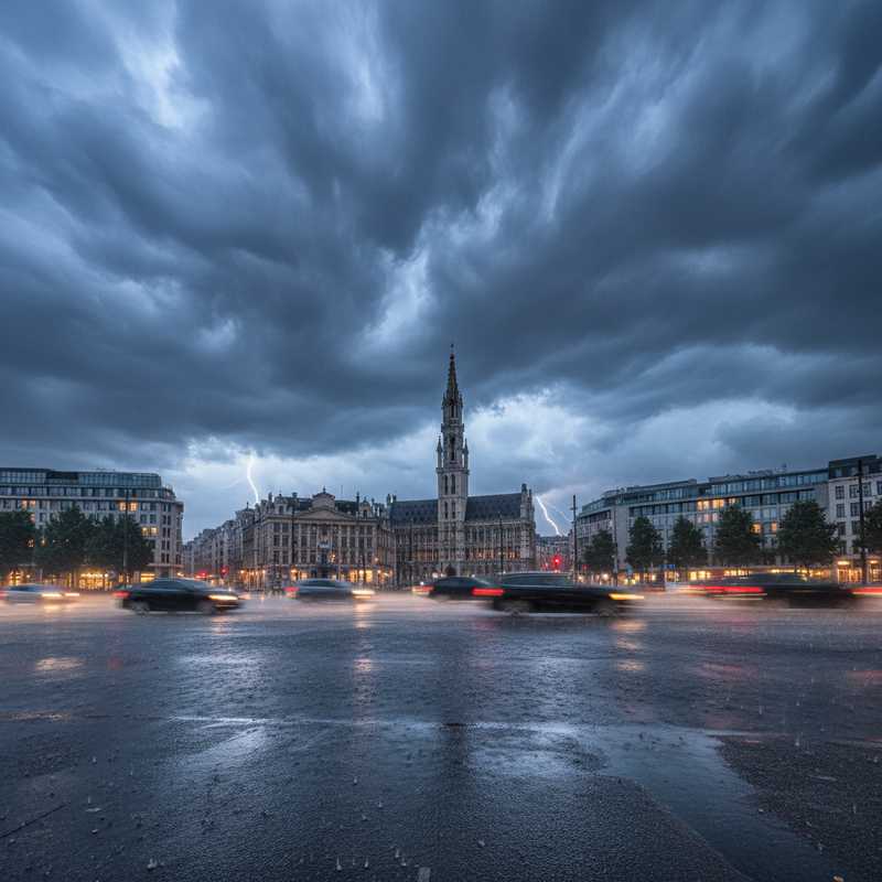 Donkere onweerswolken boven Brussel met hevige regenval en natte straten