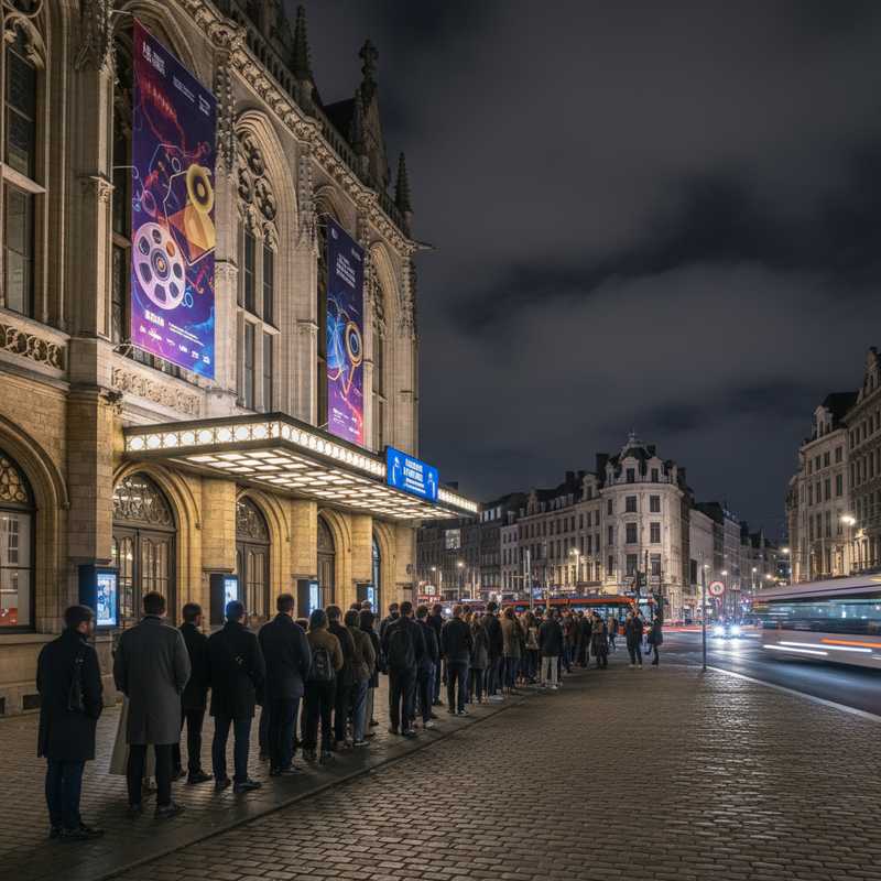 Festival entrance at night in Brussels with visitors and banners announcing the Brussels Porn Film Festival