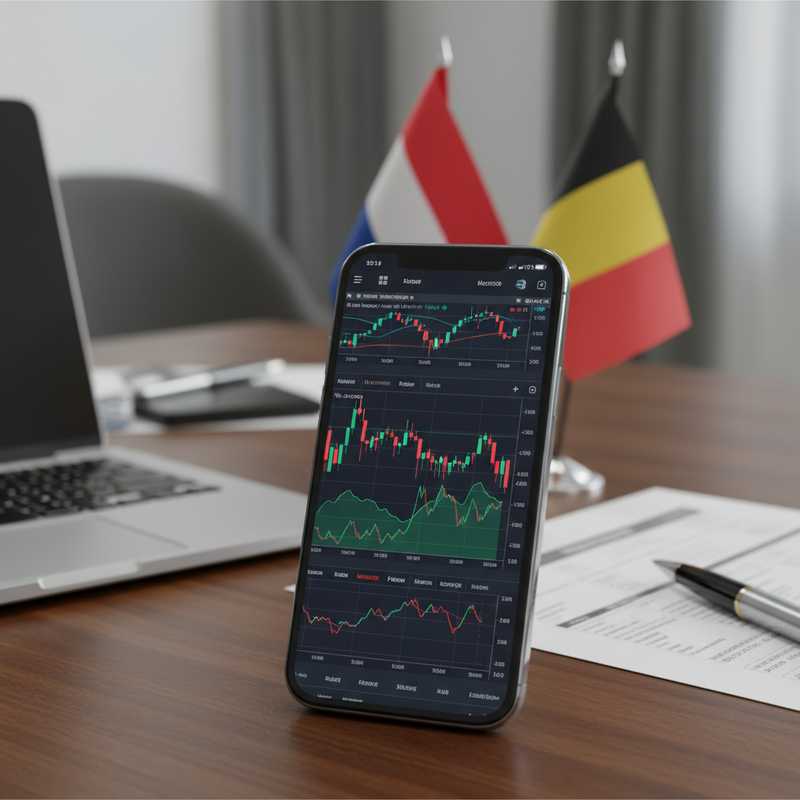 Smartphone met cryptocurrency trading interface op bureau met Nederlandse en Belgische vlaggen op achtergrond