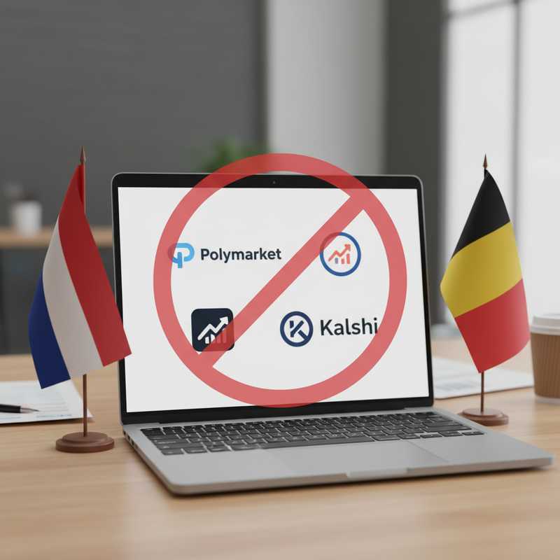 Laptop met geblokkeerde gokplatforms en Nederlandse en Belgische vlaggen op achtergrond