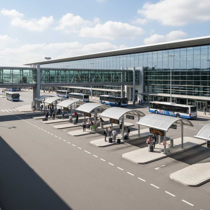Overzicht van het nieuwe busstation op Brussels Airport met overdekte perrons en wandelpad naar de terminal