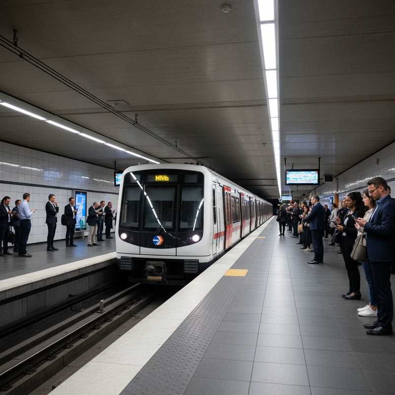 Moderne MIVB-metro op druk perron in Brussels metrostation met wachtende reizigers